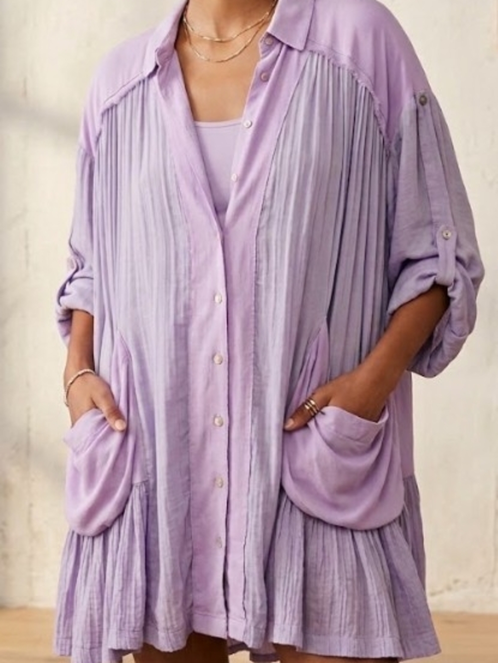 Free People 2 PC "Moonstruck" Relaxed Lilac Pleated Button-Front Shirt Dress (S)